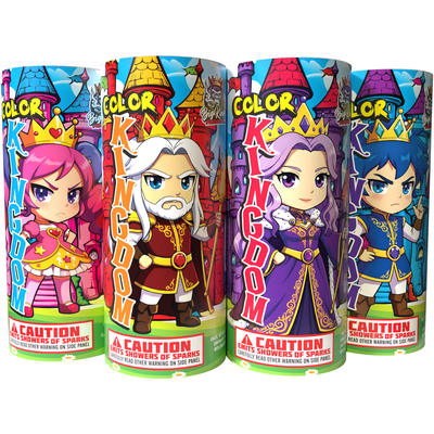 Color Kingdom fountain tubes side by side, each printed with a different cartoon royal character against a castle background.